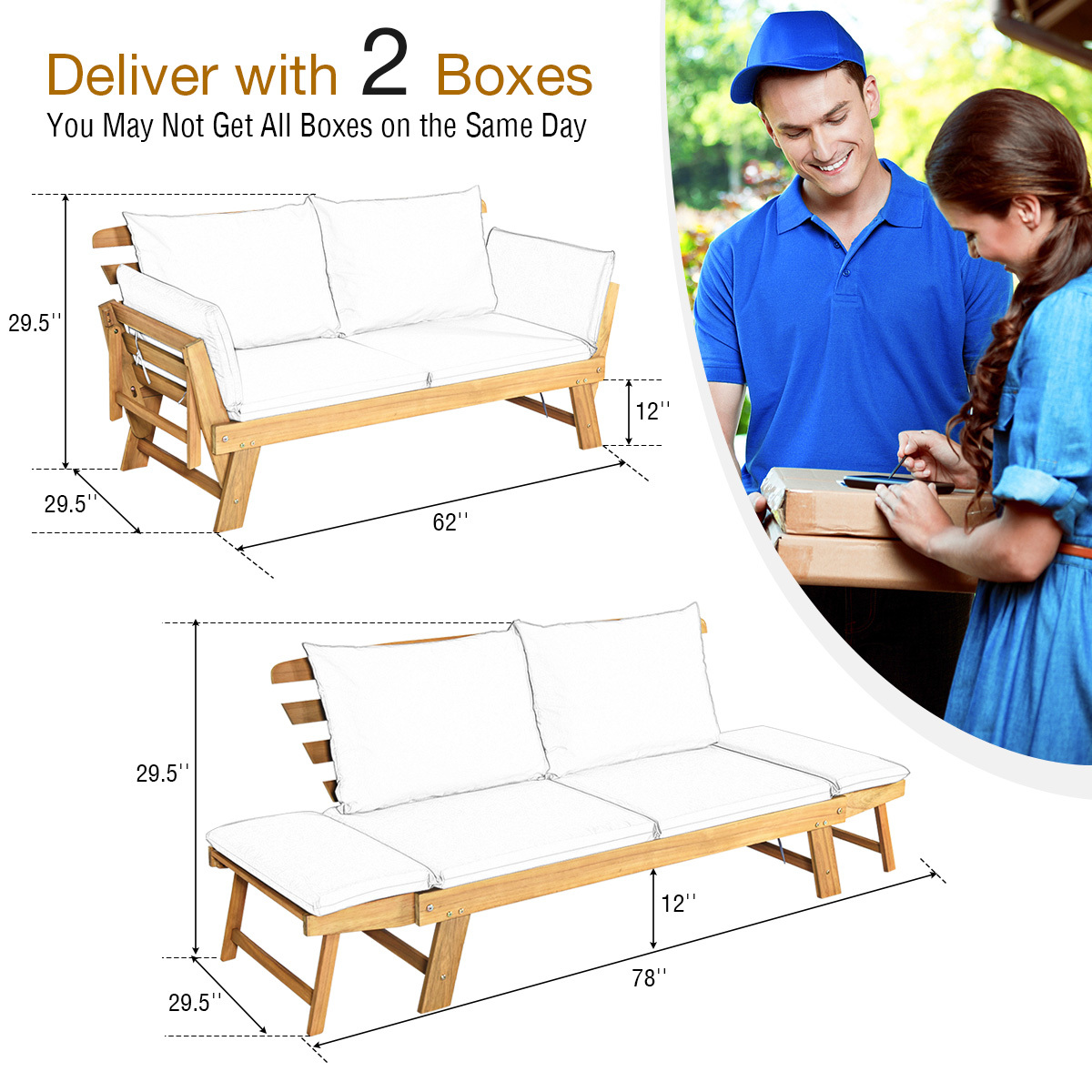   outdoor transformable couch bed sturdy wooden adjustable piece with thick red cushion