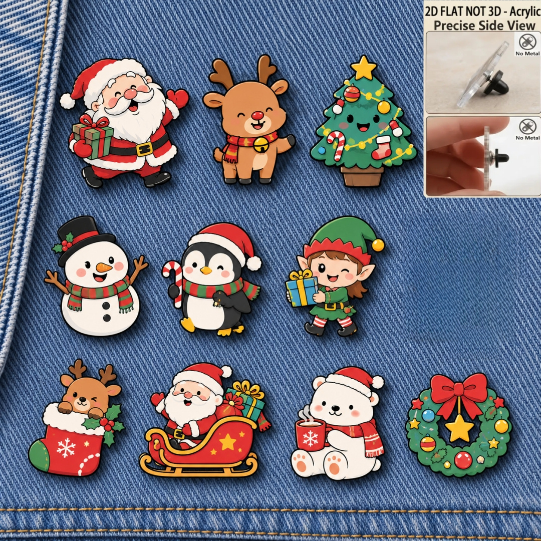 TEMU 2d Flat, 2d Flat Not 3d 10pcs Santa Claus Acrylic Badge Set, Fun Christmas Pin Accessories Including Christmas Tree, Snowman, Reindeer, Santa