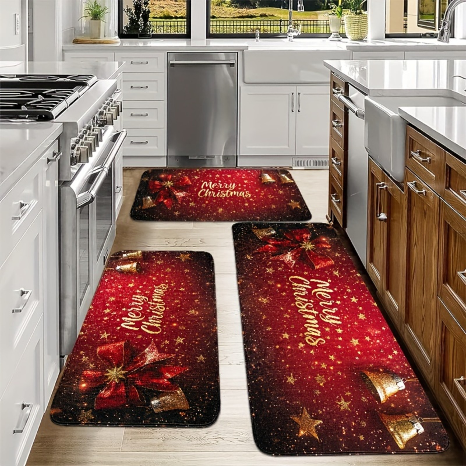 TEMU Set Of 3 Christmas-themed Kitchen Mats Featuring Bells And Stars, Perfect For Decorating Your Home. Are Soft, Comfortable, And Easy To , Making Them Ideal For Bedrooms, Dining Areas, Kitchens