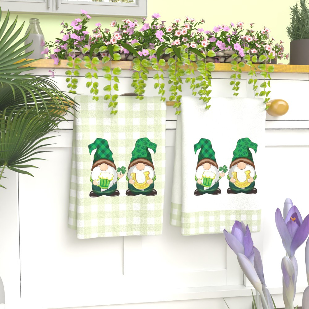 2pcs whimsical gnome   s day kitchen towels - 45.72x66.04cm soft,   &   absorbent polyester, decorative tea towels with green checkered background for   decor details 2