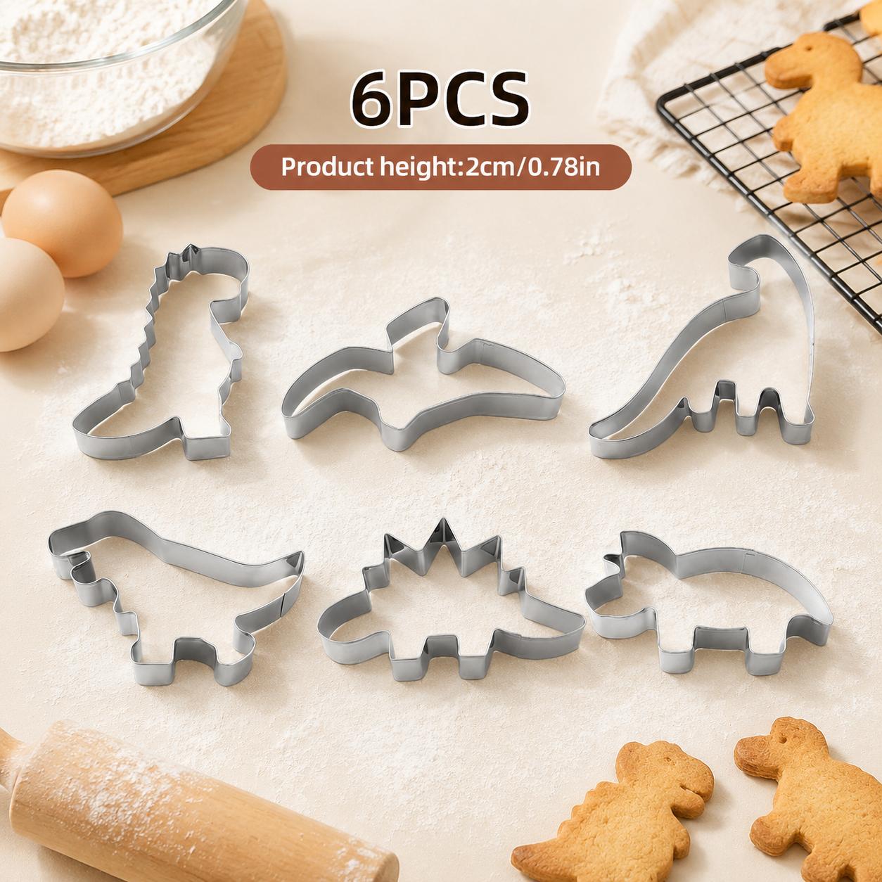 Image of 6pcs Dinosaur Cookie Cutter Set | Stainless Steel Baking Molds For Biscuits, Cakes, And Sandwiches | Ideal For Christmas, Halloween, Thanksgiving, Valentine's Day, Ramadan