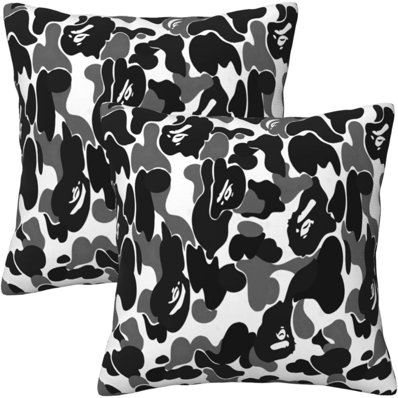 TEMU 2pcs Black Camouflage Pillowcase, Cute Monkey Square Pillow Cover, Breathable Printed Cushion Cover, Classic Decorative Throw Pillow Case,