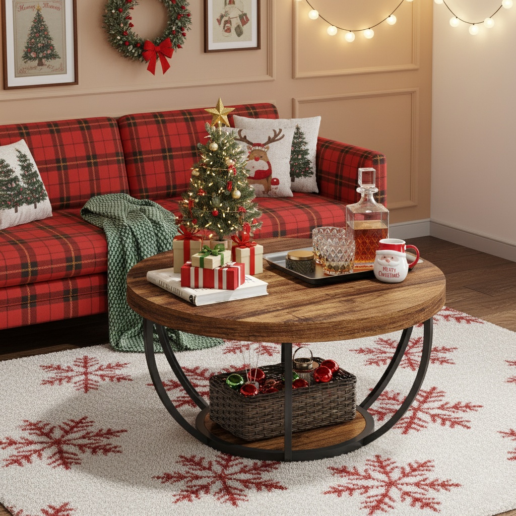 31.7 Inch 2-tier Round Coffee Table, Rustic Wooden Accent Cocktail Table With Storage, Sturdy Center Table For Christmas