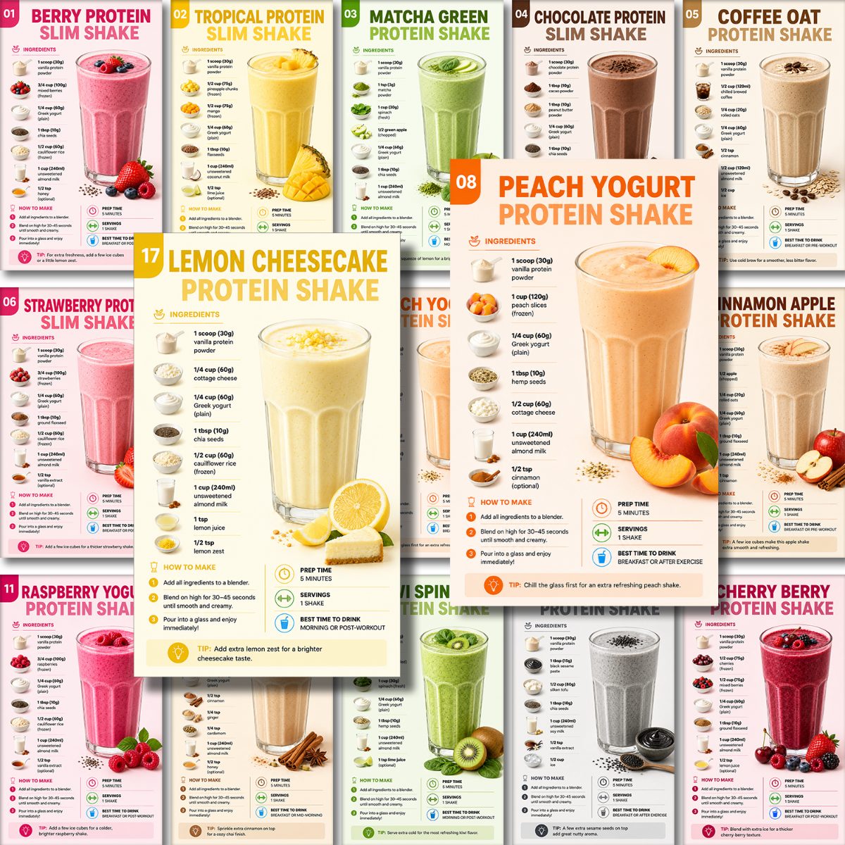 TEMU 20pcs High Protein Smoothie Weight Loss Recipe With Easy Recipe, Healthy Lifestyle Smoothie Mix Recipe Card, Slimming Support Meal Replacement
