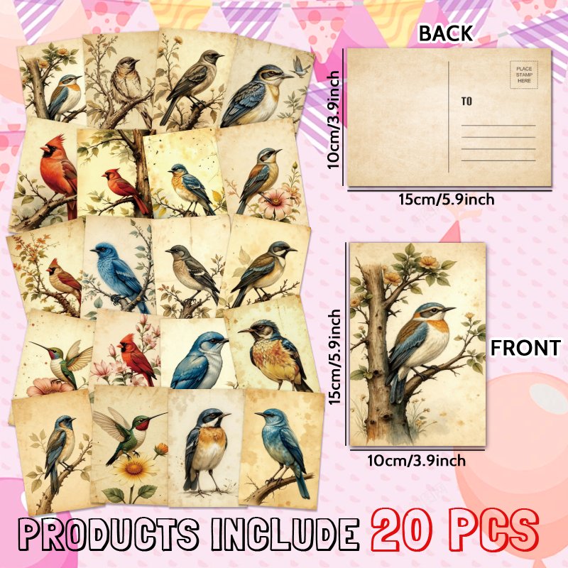TEMU Set Of 20 Vintage Bird Postcards: A Assortment Of 20 Bird-themed Art Pieces, Perfect For Collecting, Home Decoration, Scrapbooking, And Greeting