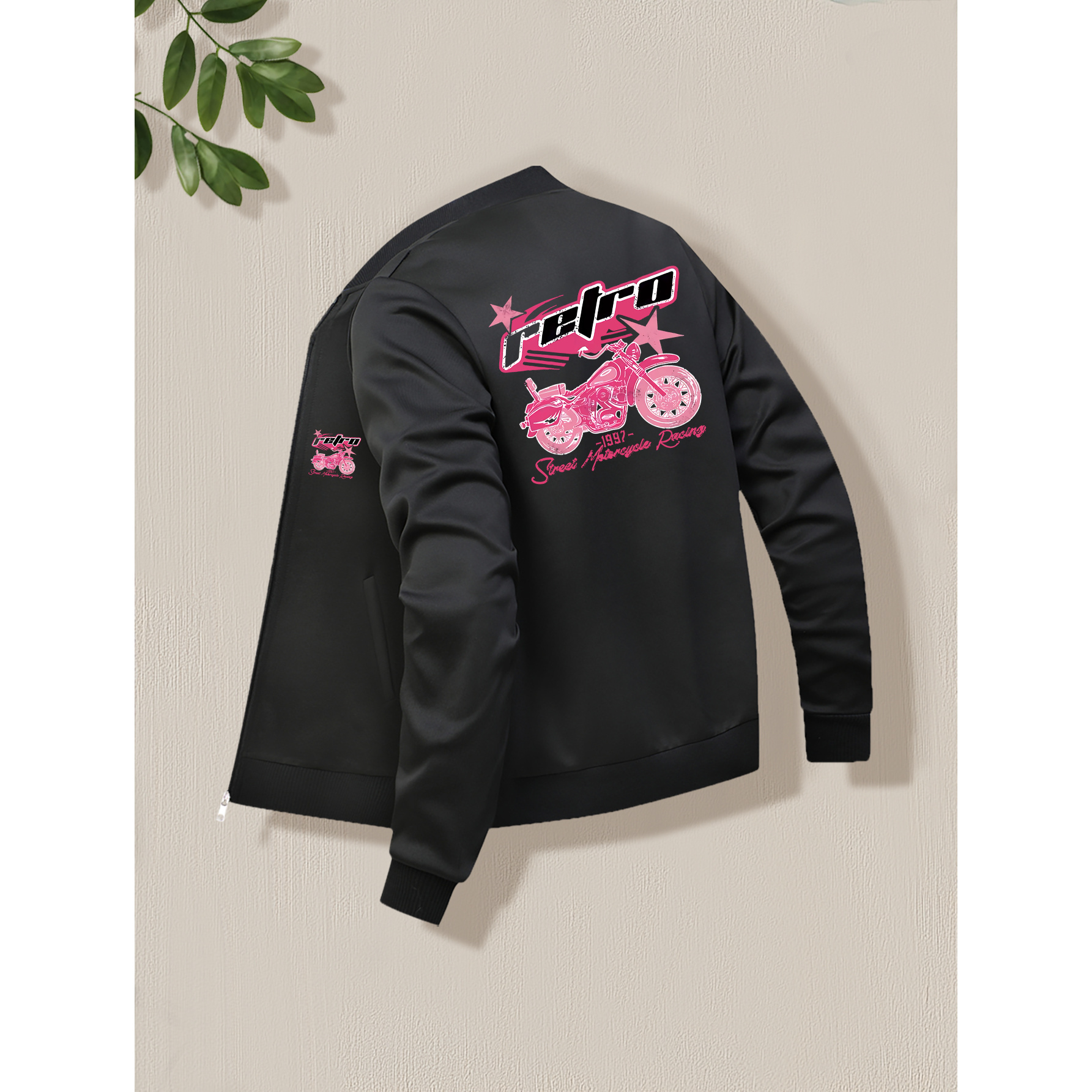 

Veste en Noire Chic pour Femme avec Imprimé Moto Rose - Tendance à Fermeture Éclair avec Poches, Extensible & Lavable en Machine, Parfaite pour Toutes les