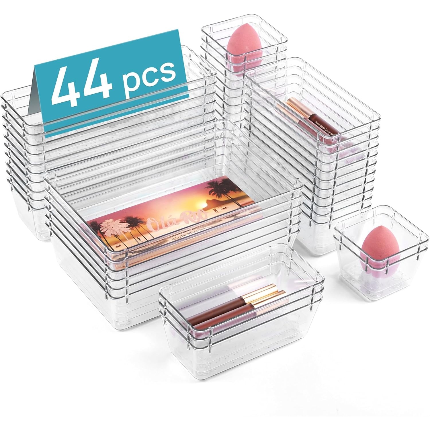 TEMU Lot de 44 organisateurs de tiroir en plastique transparent, plateaux de rangement antidérapants de 4 tailles, adaptés pour , les ustensiles de