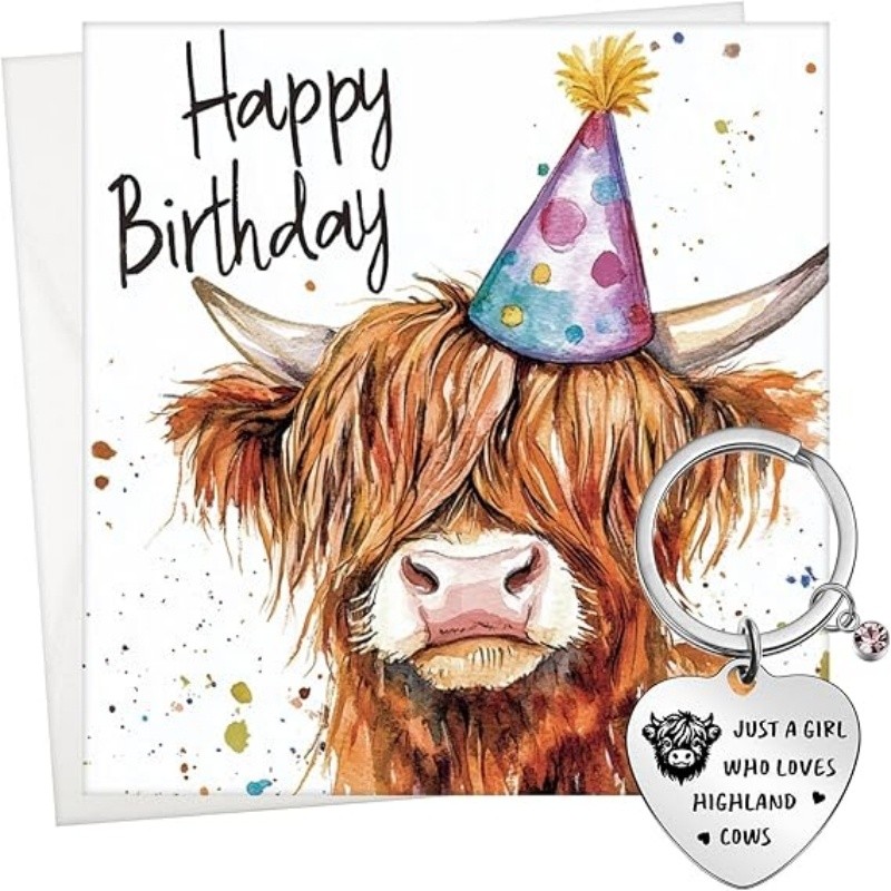 TEMU Highland Cow Birthday Gift Set For & Women - Scottish Cow Keyring With Matching Card & Envelope, Cute Scottish Cow Party Supplies, -look Name