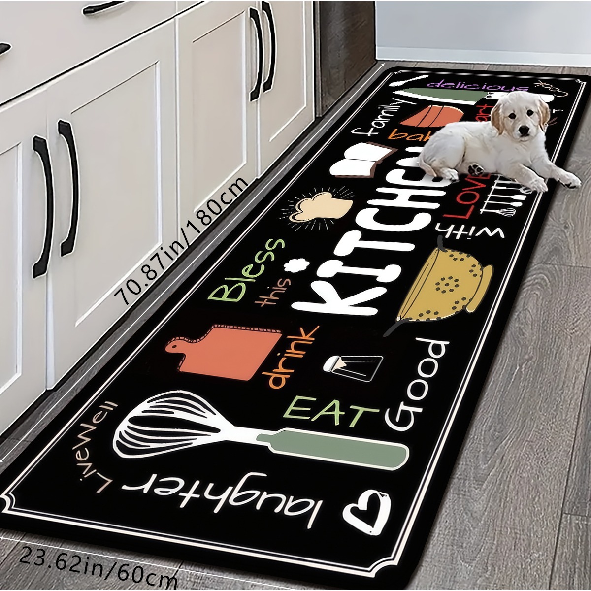TEMU 1pc, Modern Fun Black Kitchen Mat, Hand-painted Kitchenware And With The Slogan Kitchen & Love, Featuring Non-slip And Absorbent . This Long Rug