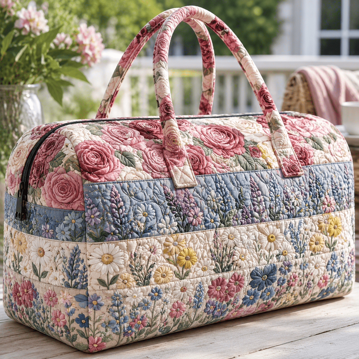 TEMU Women's Vintage Large Quilted Duffel Bag Suitable For Gym, Travel & Daily Use - Lightweight /blue Shoulder Bag With Floral Print, Suitable For