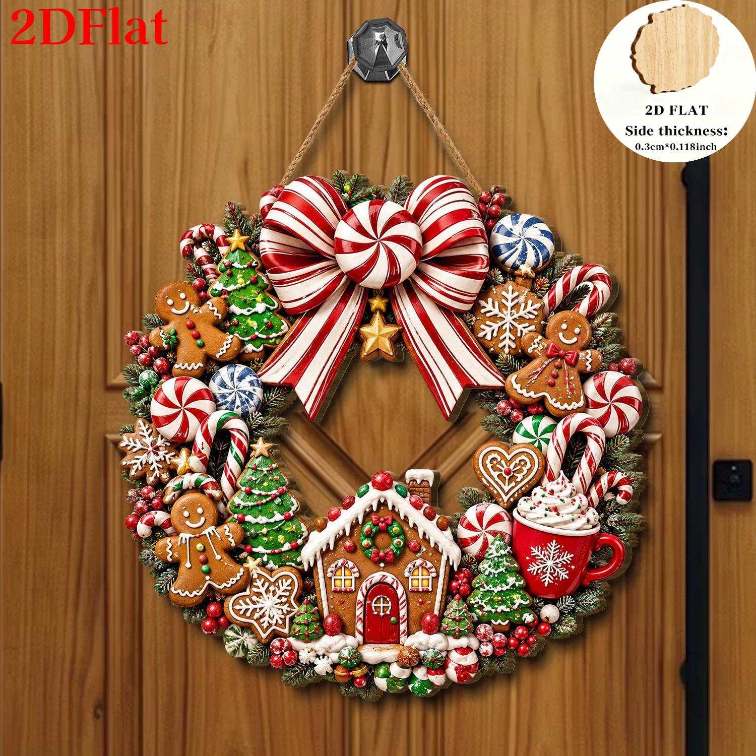 TEMU 2d Flat 1pc Country Style Gingerbread Flower Wreath Wooden Tag - Hanging Ornament With Classic Christmas Wreath As Main Body, Featuring Red And