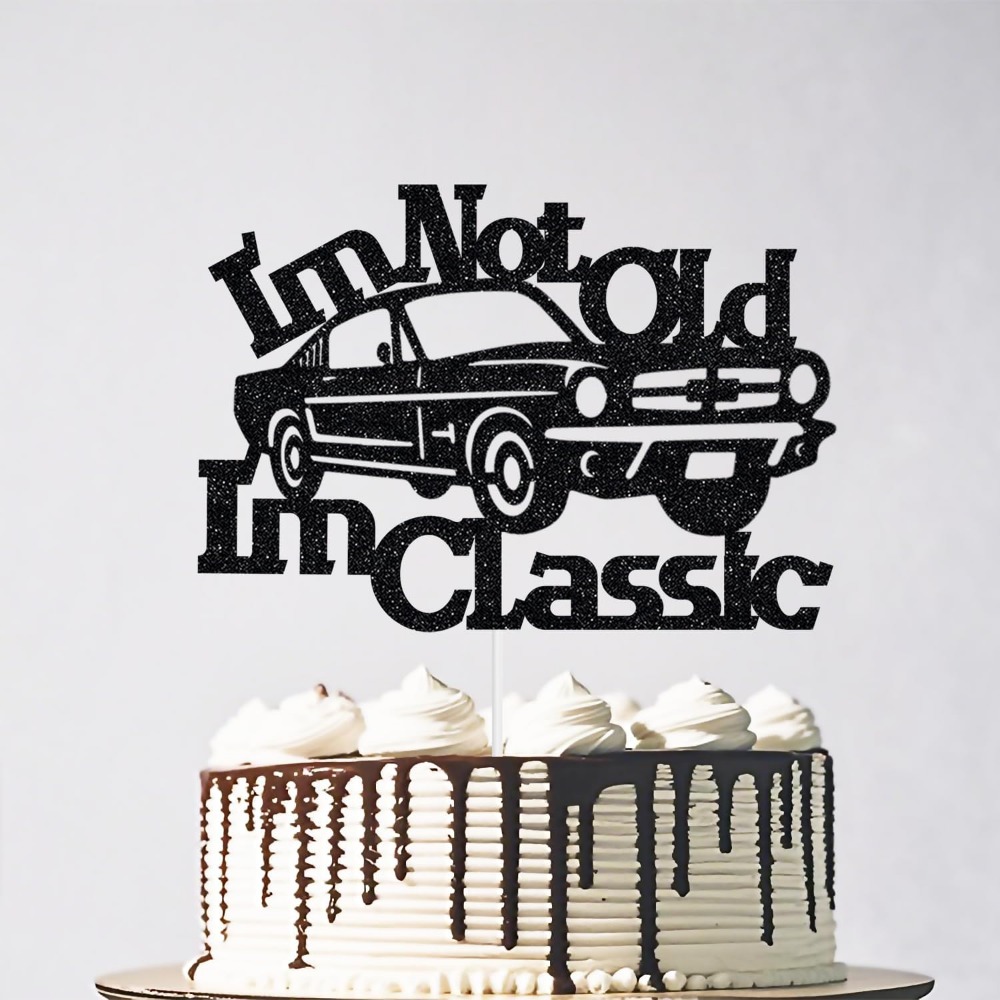 TEMU Décoration de gâteau " , " - Thème voiture vintage, bon anniversaire, pour 50 60 70 ans, accessoires de fête d'anniversaire , paillettes noires