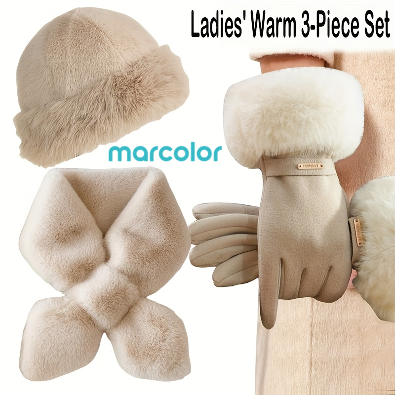 TEMU Ensemble d'accessoires chauds d'hiver pour femmes, 3 pièces - Fabriqué en fibre de polyester, comprenant des gants, un écharpe et un chapeau,