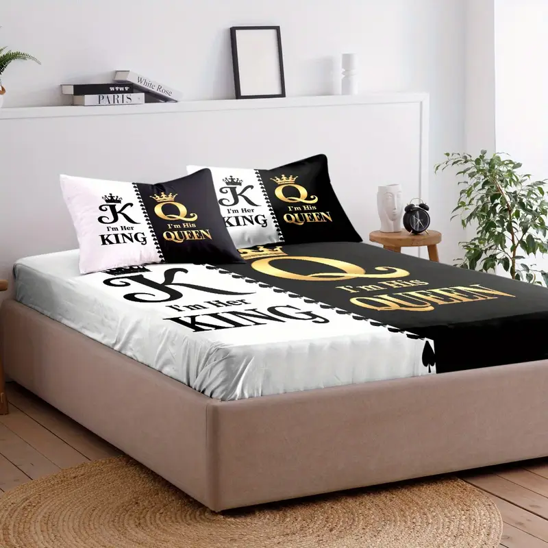 king queen print bedding set 3pcs soft cozy non slip lightweight fitted sheet with elastic corners and matching pillowcases fashion forwad decorations for dorm bedroom apartment hotel idea for christmas birthday gifts Product details 4