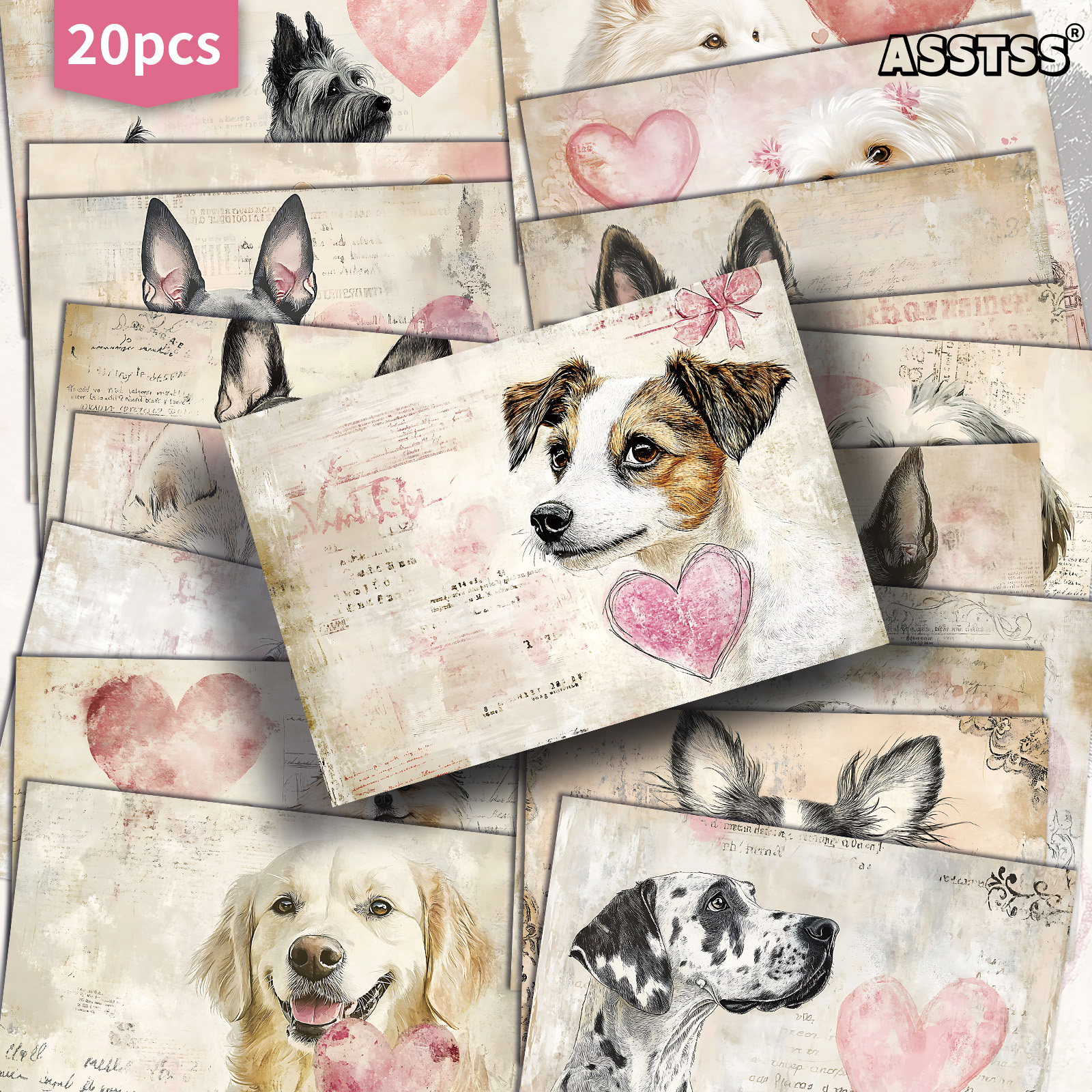 TEMU 20-pack Asstss Watercolor Dog And Heart Gift Cards - 4x6 Inches Retro Junk Journal Paper, Classic Pinup Illustrations, Collectible Decorative