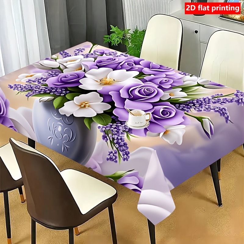 TEMU 2d Flat Party Tablecloth, 1pc, 2d Tablecovers 1pc, Purple Rose Bouquet Tablecloth, Elegant And Romantic Rectangular, An Gift For . Suitable For