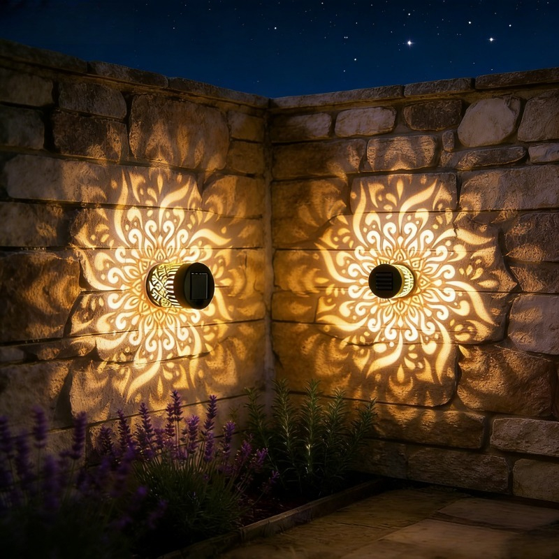 E-shop 2er-Pack Wandlampe mit Bewertung & Niederspannungsbetrieb – Solar Mandala & Lotus – Ideal für Gärten, Terrassen, Treppen, Höfe, Straßen,