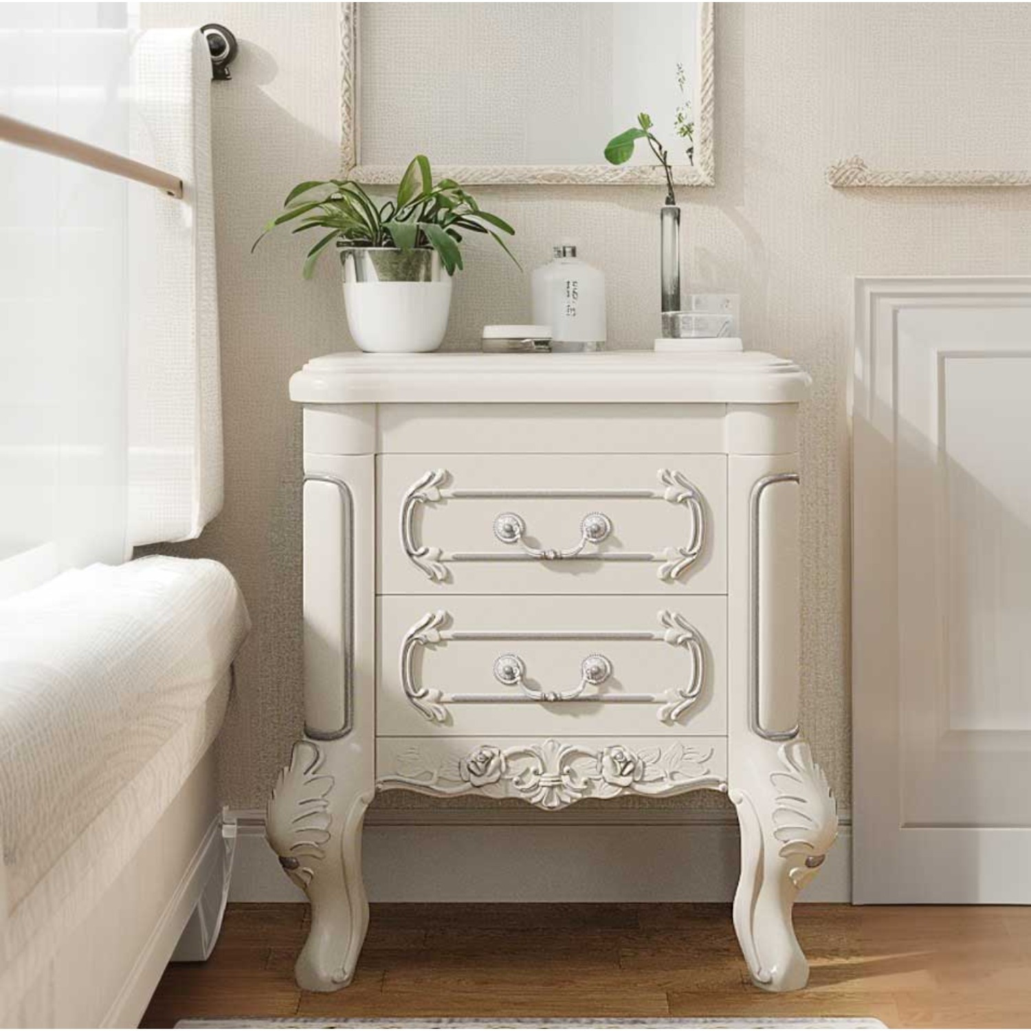 TEMU Table de avec 2 Tiroirs, Meuble de Chevet Sculpté pour Chambre à Coucher, Mobilier pour Chambre, Blanc