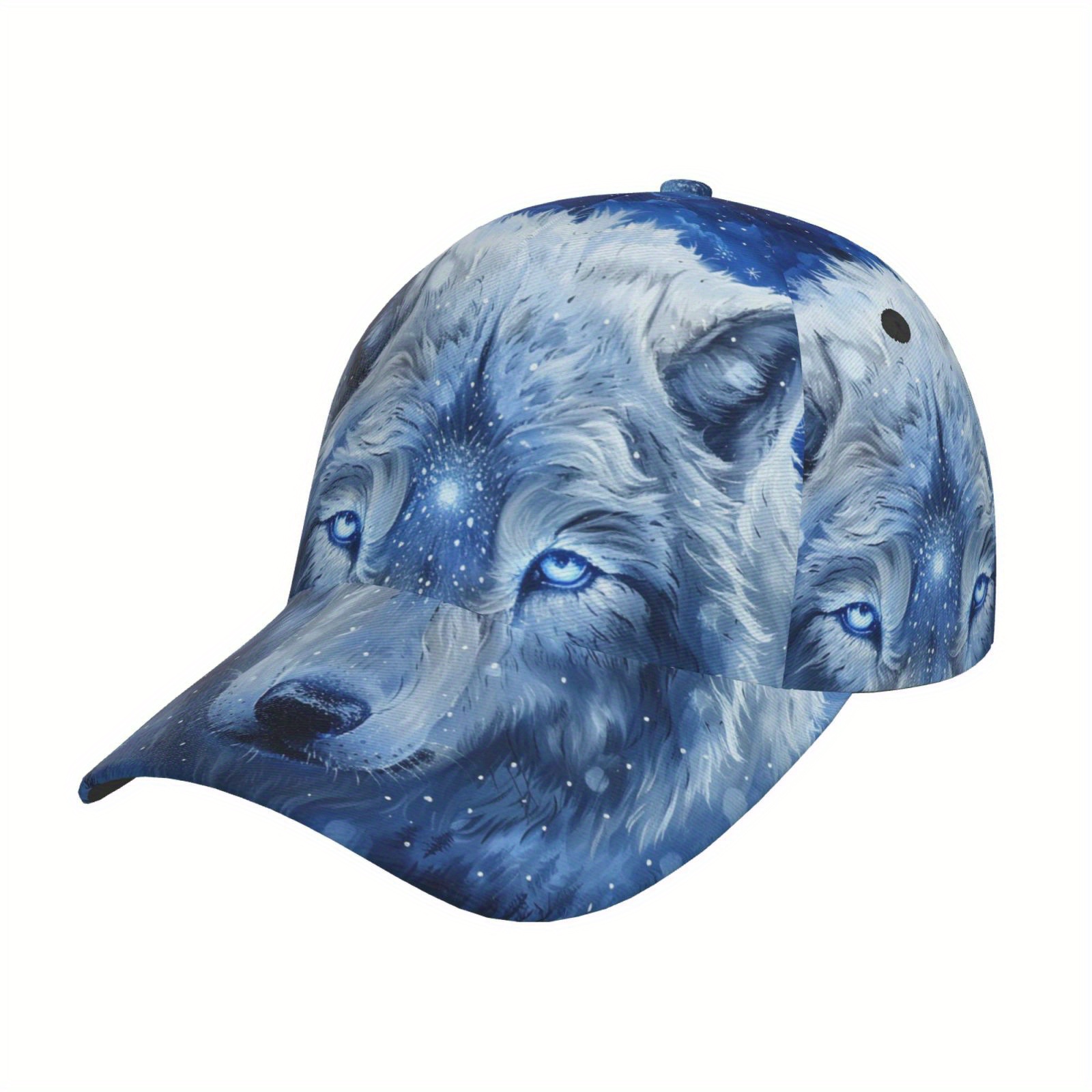 

White Wolf Print Baseball Cap - Adjustable Sun Hat With & Starry Night Design, Lightweight Polyester, Outdoor Activities, Running, And