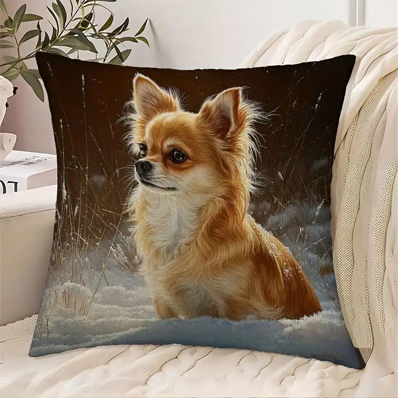 TEMU 1pc Pillowcase, Long-haired Chihuahua In Snow Scene Decorative Pillowcase - Soft And Smooth Polyester Short Plush Fabric, Single-sided Printed