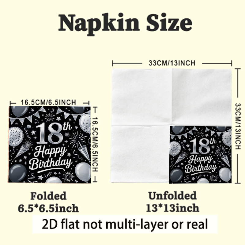 TEMU Lot de 20 serviettes plates 2D, du 18e anniversaire sur le thème argent et noir, décoration pour fête de mariage, anniversaire, fête de jardin,