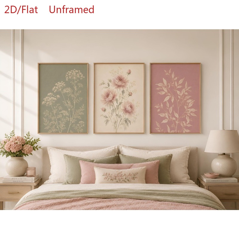 TEMU 2d Flat, Set Of 3 Suitable For Decor - Vintage Botanical & Peony Watercolor Prints, Soft Sage Green & Blush Pink Feminine Wall Art Posters,