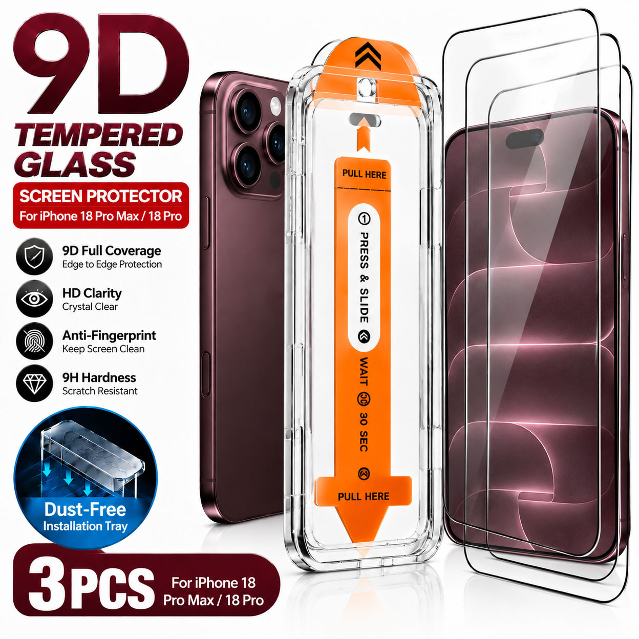 TEMU 3-pack Screen Protector With -screen Printing, 9d Tempered Glass, Dust-free Installation, Suitable For Iphone 18 Pro Max/18 , Integrated Fit,