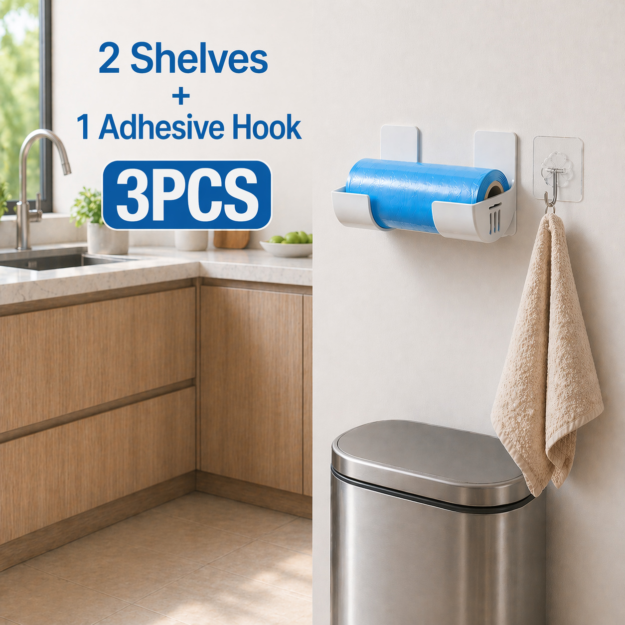 3pcs No-drill Over-the-door Storage Rack Set, Adjustable Garbage Bag& Cling Film Holder, Space- For Kitchen, Pantry& Wardrobe
