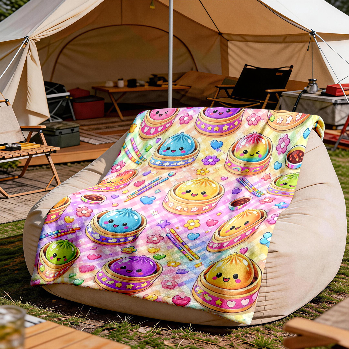 Macaron Checkered Cartoon Flannel Blanket