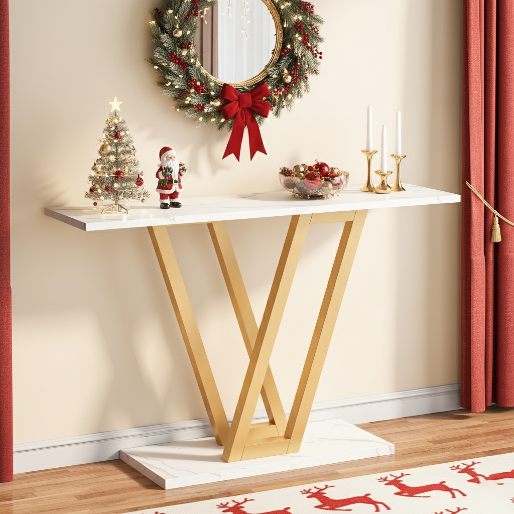 TEMU Table console dorée de 43 pouces avec cadre en métal stable, table de canapé étroite moderne pour salon, table d'entrée pour décoration de Noël
