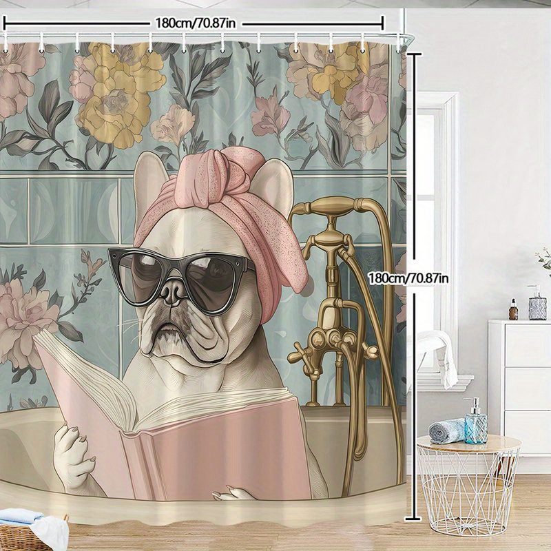 TEMU 1pc French Bulldog In Bathtub Shower Curtain With Beige Bulldog, Turban, Glasses, Reading Book, Floral Teal Background, Brass , Style, Home