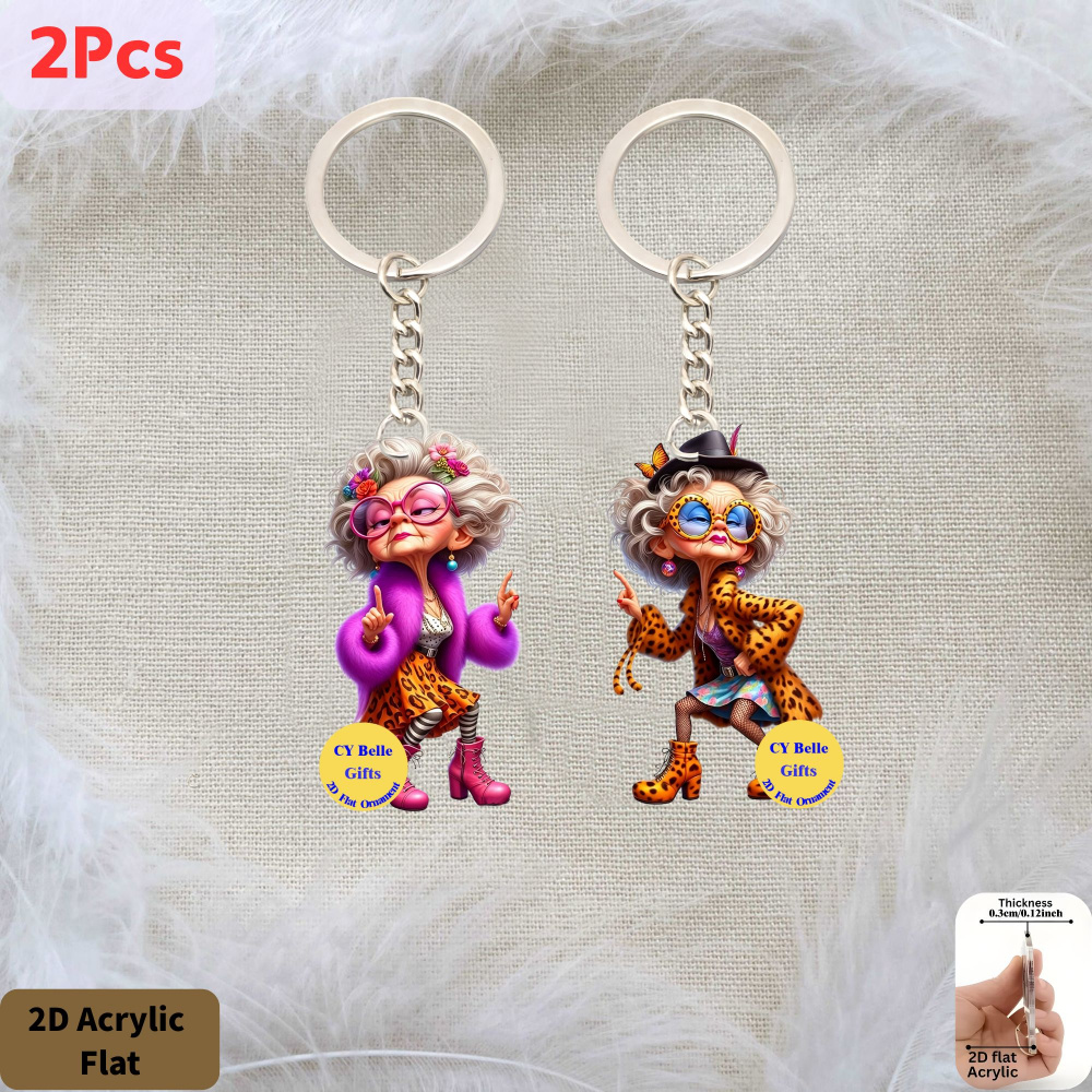 TEMU 2D Plat, [2D Plat] 2 stuks Levendige Oma Acryl Sleutelhanger - Geschikt voor Sleutelhangers, Doe-het-zelfprojecten, Geschenkdozen, Rugzakken,