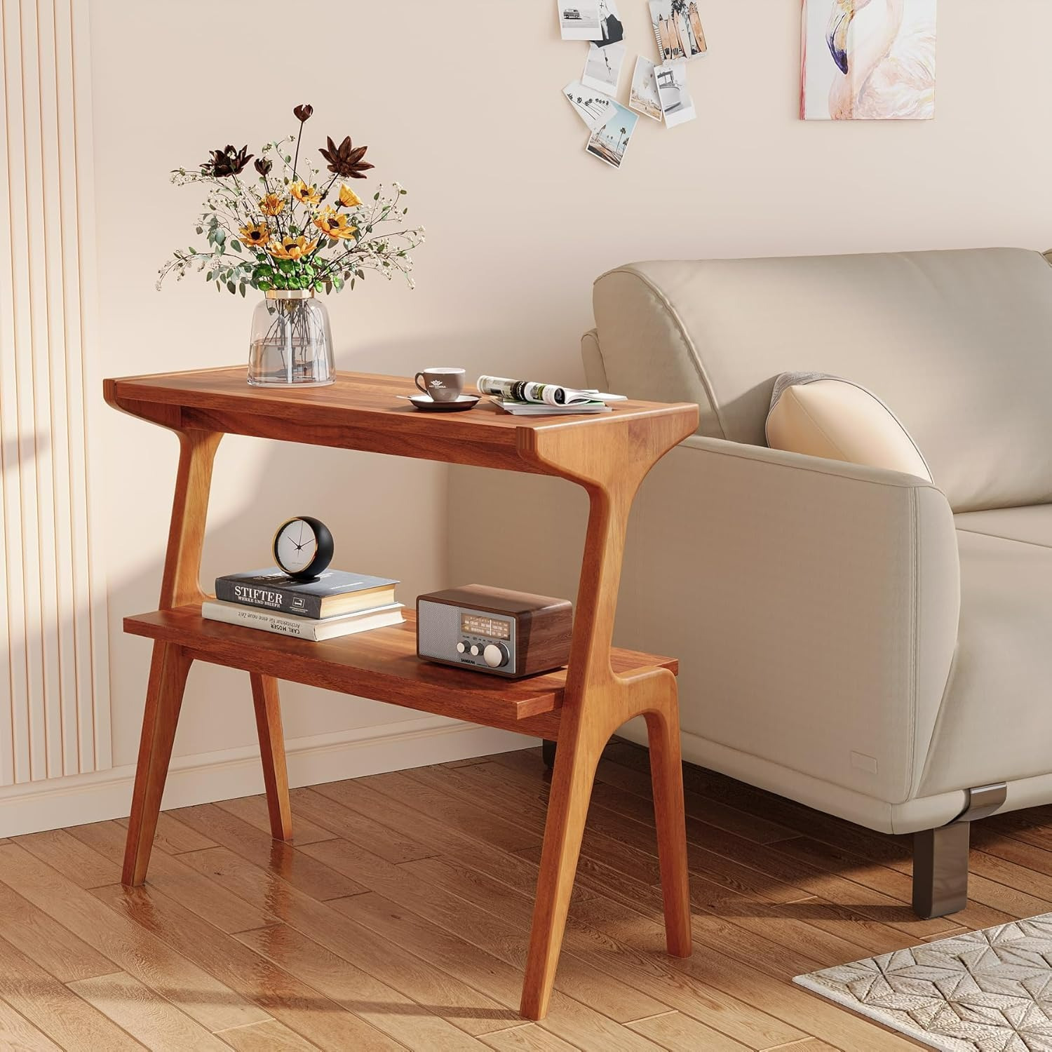 Solid Wood End Table with 2-Tier Storage Shelf