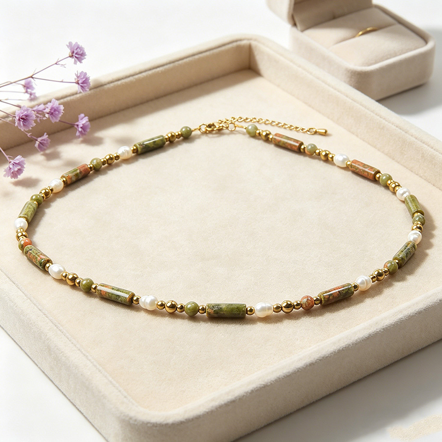 Women's Minimalist Cylinder Bead Necklace with Golden Accents