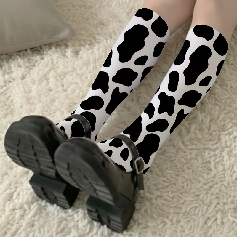 TEMU 1 Pair Of Women's Calf Socks With Cow Print Pattern, And Scheme, Sexy And, Thin Style, Versatile For Going Out, Summer Calf Socks, Jk Style Calf