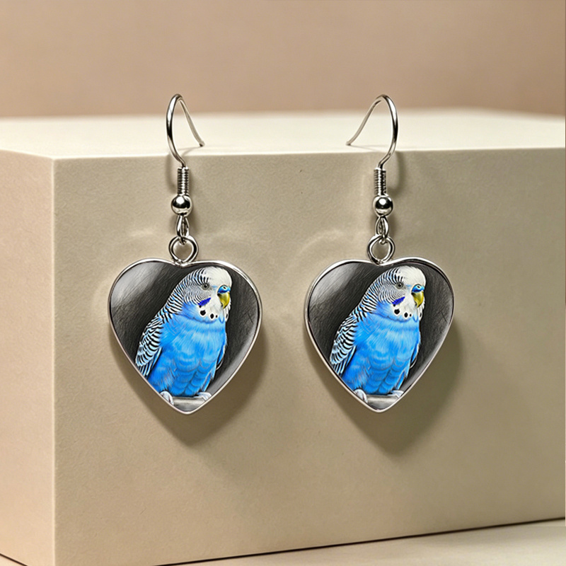 TEMU 1 Pair Blue Budgie Portrait Heart Shape Earring Glass Dome Dangle Earrings Handmade Fashion Unisex Jewelry