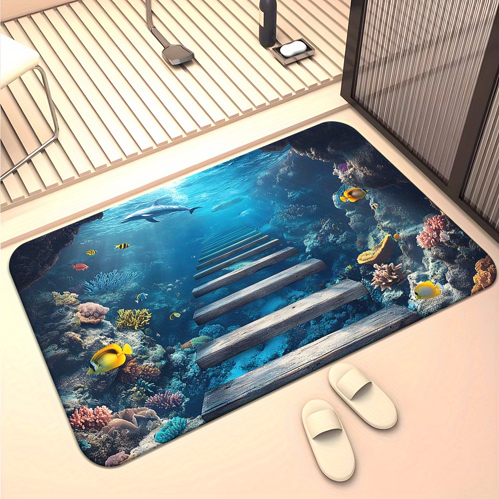 TEMU 1pc, Realistic 3d Illusion Door Mat Featuring An Underwater Scene, Non-slip Bathroom Floor Mat, Microfiber Absorbent, Machine Washable Polyester