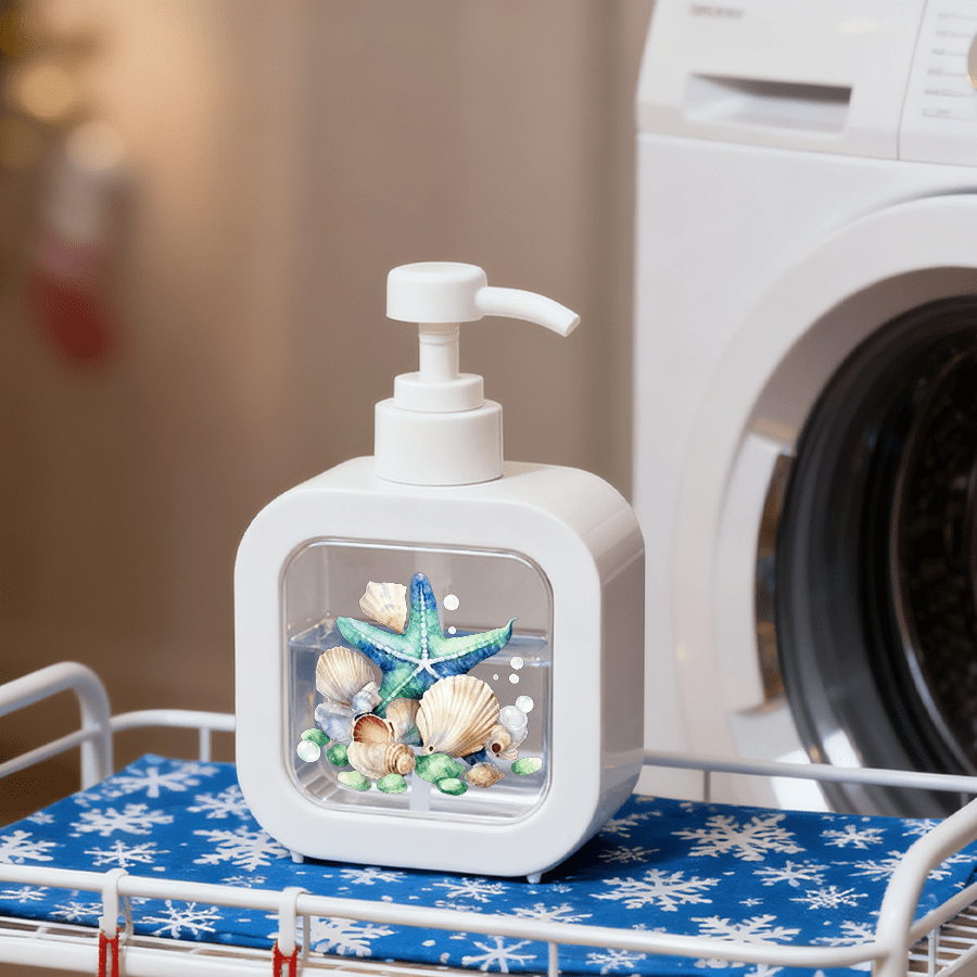 TEMU 1pc Home Bathroom Creative Dispenser, Hand-pressed Pump - , Starfish And Shells, Pebbles, Bubbles Combination, Showcasing Watercolor Freshness,