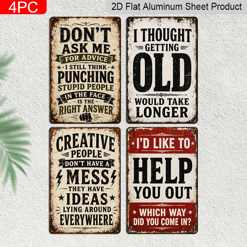 TEMU 2d Flat, 4pcs Funny Sarcastic Life Quote Vintage Decorative Aluminum Sign Set, 'don't For Getting Old' Humor Distressed Metal Plaque, Easy To