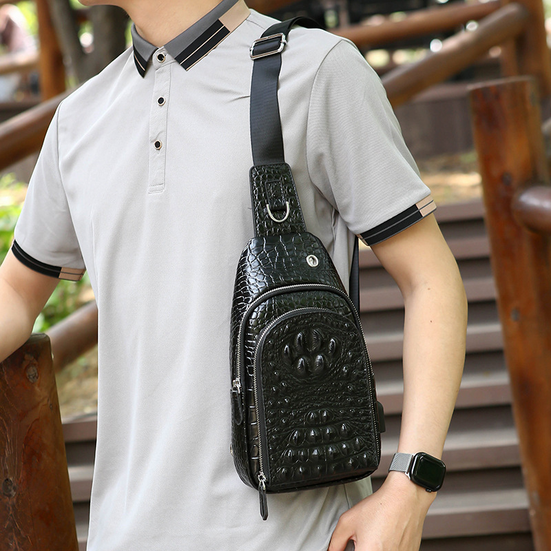 Image of Wixzor Men's Crocodile Pattern Genuine Leather Sling Bag, Large Capacity Multi-compartment Crossbody Bag, Durable Scratch-resistant Casual And Sports Chest Pack For Business Men And