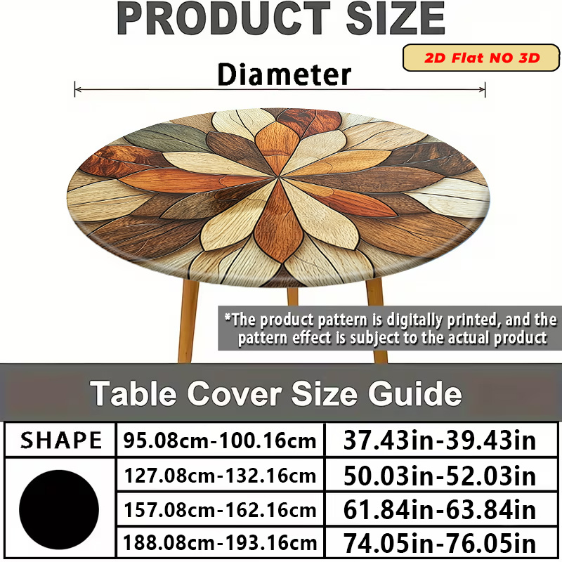 TEMU 1pc Elastic Tablecloth Suitable For Indoor/outdoor Use - Round Autumn Leaf & Rustic Wood Grain Table, Stretchable Circular Tablecloth Fits For