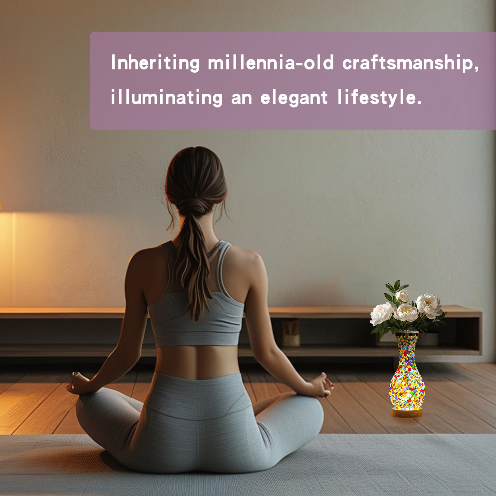 Mosaic Vase Lamp, Turkish Moroccan Table Lamp, Handmade Colorful Glass Vase Wooden Base USB Plug, Decorative Light for Bedroom Living Room Flower Holder for Home Decor