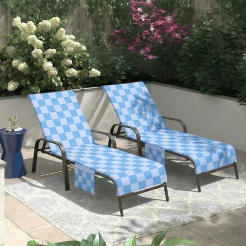 Lounge Chaise Chair Towel Covers Pack of 2, Beach Chair Cover with 3 Pockets for Pool Outdoor Beach Garden Patio Trips, 85 X30in (Blue Checkerboard)