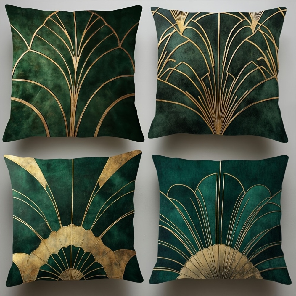 TEMU 4pcs 2d Flat Printing Summer Pillowcase, Optional, Engraved With Art Deco Retro -shaped Geometric Line Theme Pattern, With Dark Green And Luxury
