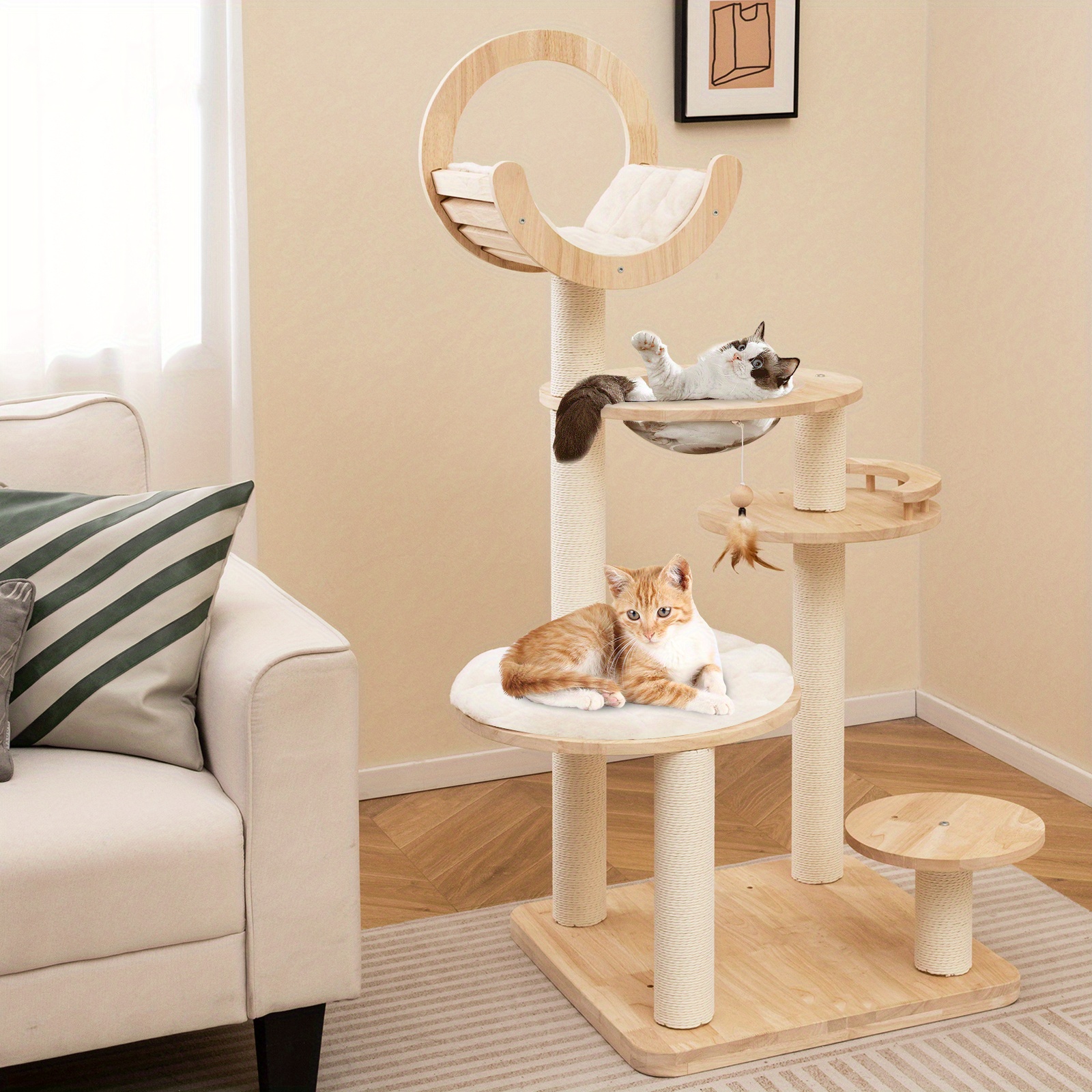 Costway 57" Tall Solid Wood Cat Tree For Indoor Cats, Building Block Kitten Tower W/ Perch, Scratching Posts, Washable Cushions, 4 Install Options, Multi-level Cat Activity Center