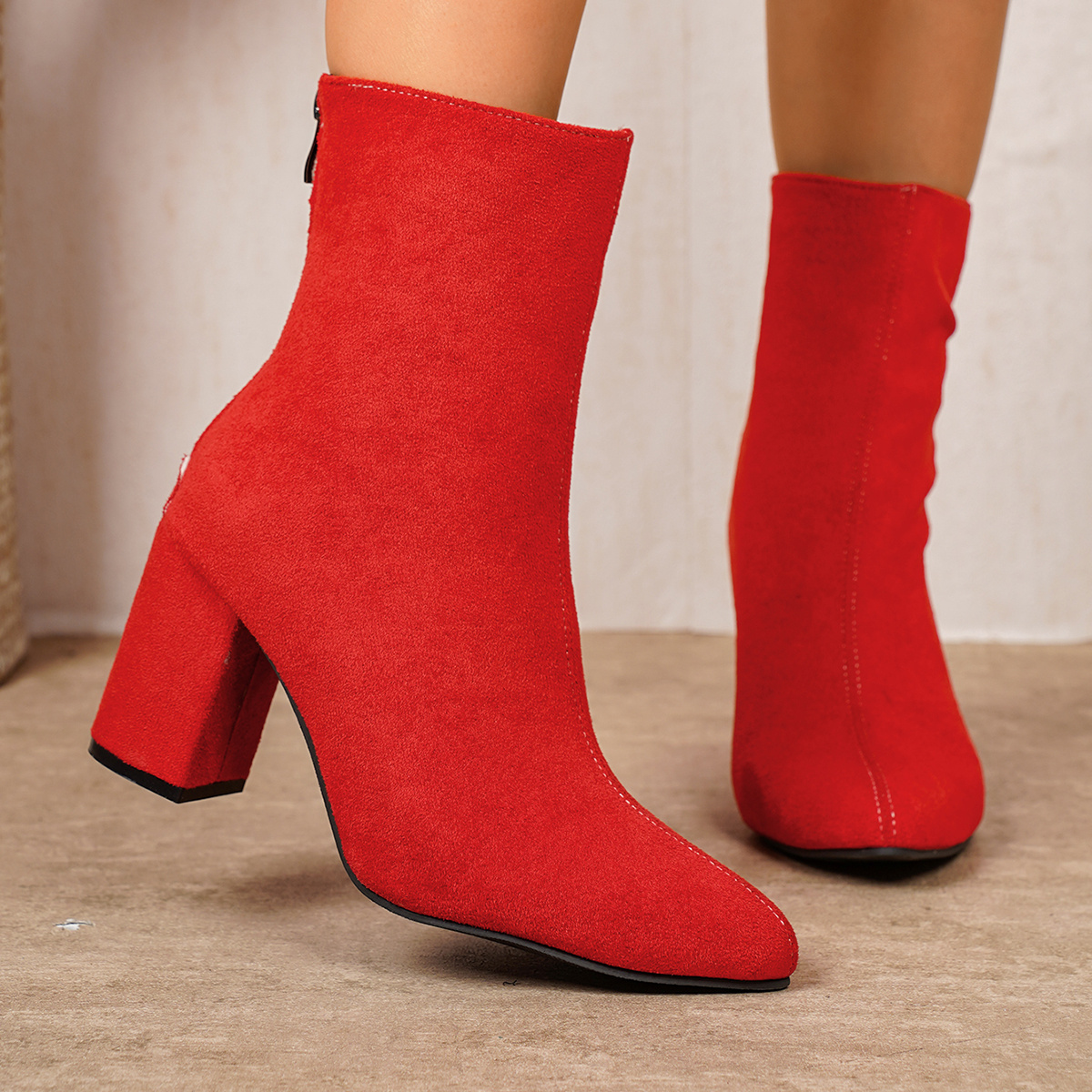 TEMU Red Square-toe Ankle Boots With Back Zipper, Matte, Chunky High Heel, Outdoor Short Boots, Women Shoes