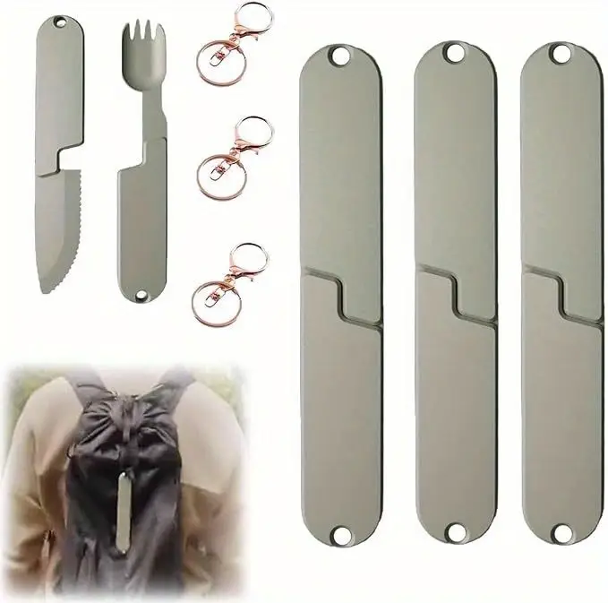 3pcs portable 2 in 1 aluminum camping cutlery set lightweight durable for outdoor activities fishing and travel knife fork and spoon with polished camping accessories Product details 0