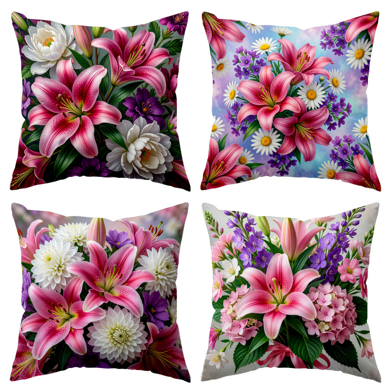 TEMU 4pcs Floral Style Home And Kitchen Supplies, Bedding, Home Decor With Pink, White And Purple Flower Pattern Printed Pillow Cover(insert Not