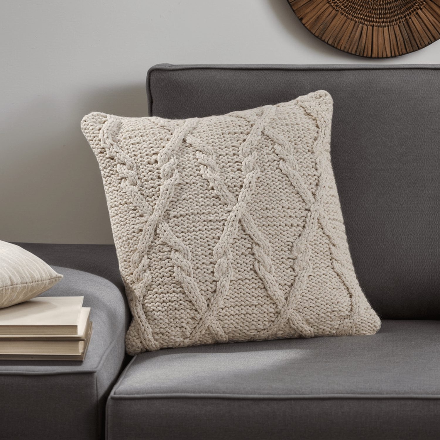 

Luxurious Knitted Pillowcase 17.5" X 18" - Diamond Pattern, Handmade Cotton , & Comfortable With Zipper Closure - Ideal For Sofa, Bed, Farmhouse Decor - Crochet Trim Design