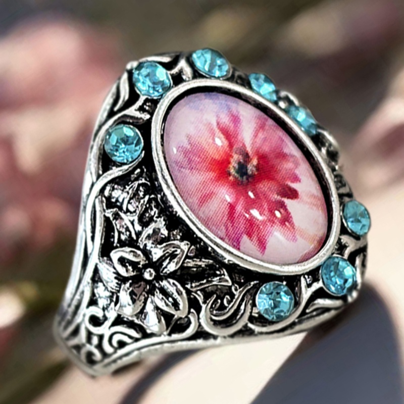 Vintage Boho Sea Blue Synthetic Zirconia Floral Ring